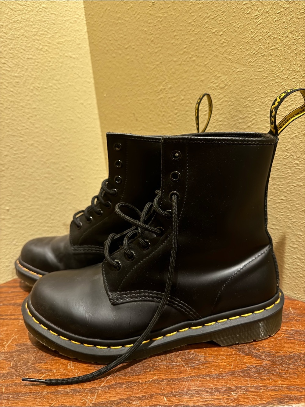 Dr. Martens Black Leather Lace-Up Boots with Yellow Welt Stitching